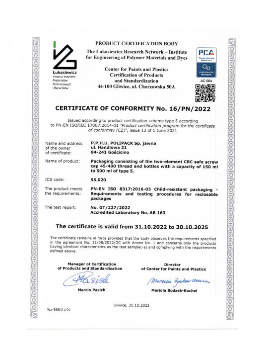 Certificate of Conformity CRC Packaging