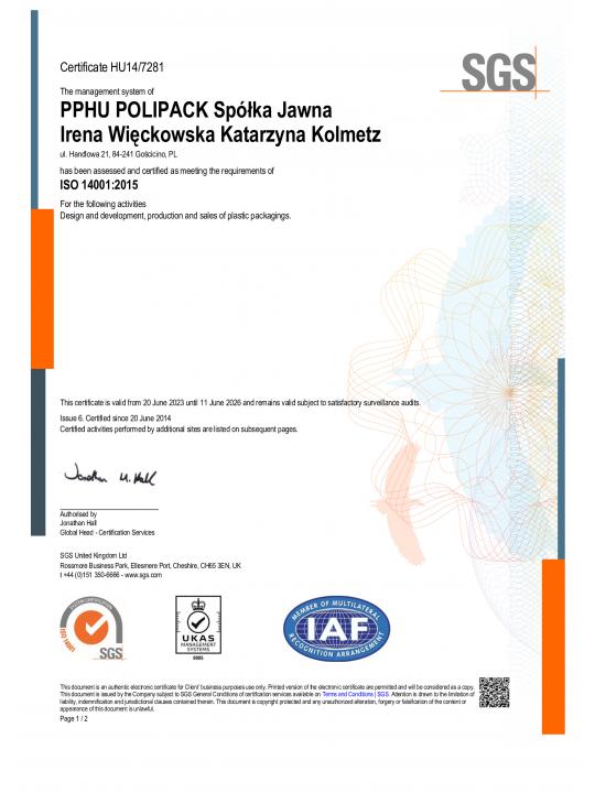 Certificat de gestion environnementale ISO 14001:2015