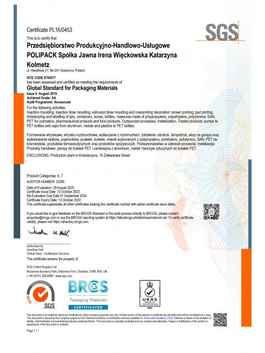 BRC Certificate - Global Standard for Packaging and Packaging Materials, Issue 6