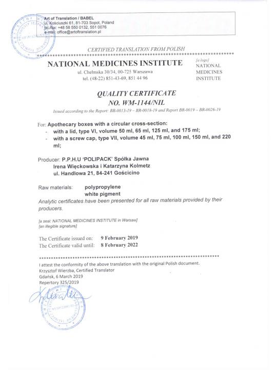 Certificate of the National Medicines Institute