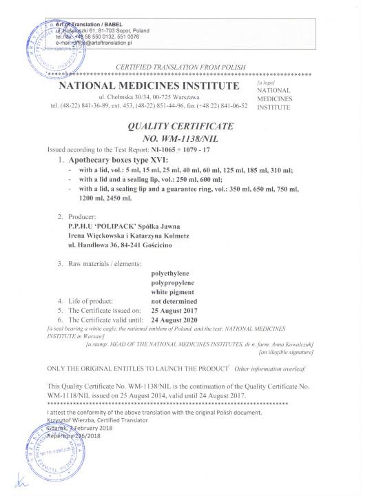 Certificate of the National Medicines Institute